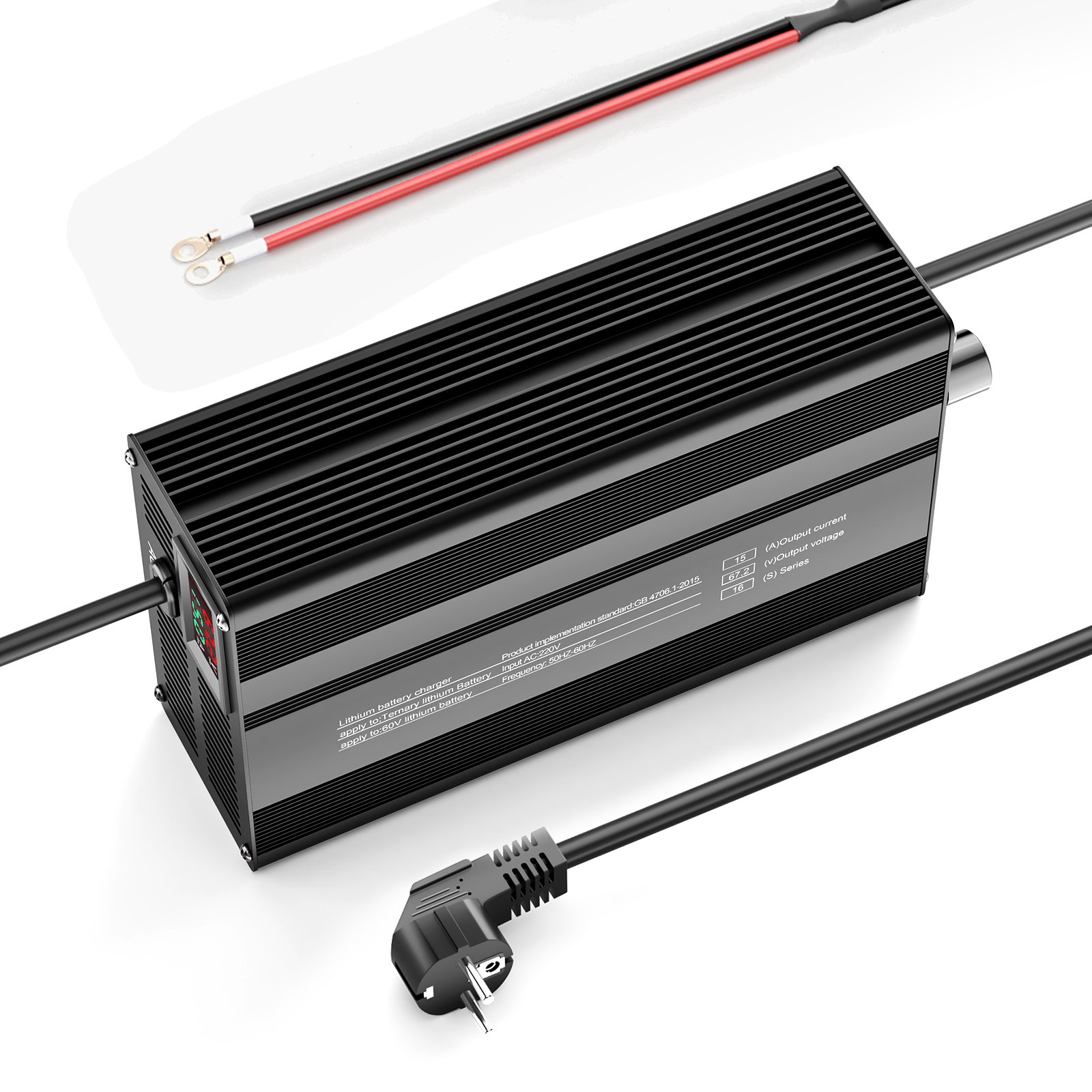 Caricabatterie per batterie al litio Suraziki 67,2 V 1-15 A con corrente regolabile per 16S Batterie agli ioni di litio/polimero ternario da 59,2 V, caricabatteria per scooter elettrico