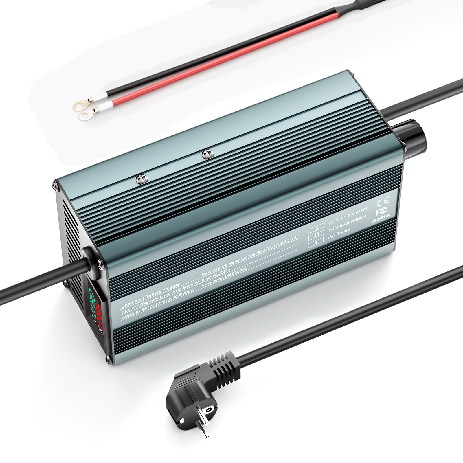 Caricabatterie Suraziki 48V 1-8A con corrente regolabile, compatibile con tutte le batterie al piombo-acido (allagate, sigillate, AGM, gel), display LCD, ventole di raffreddamento, alloggiamento in lega di alluminio.