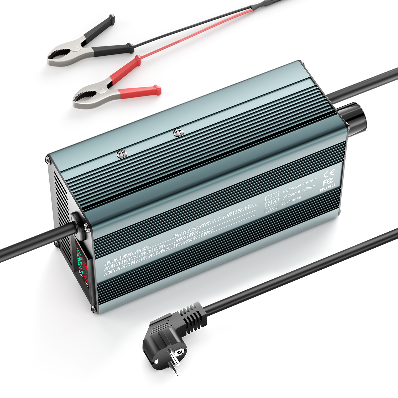 Suraziki 54,6 V 1-8 A stromverstellbares Lithium-Batterieladegerät für 13S 48 V Li-Ionen-/ternäre Lithium-/Polymer-Batterie, LCD-Display, Kühllüfter, Aluminiumgehäuse