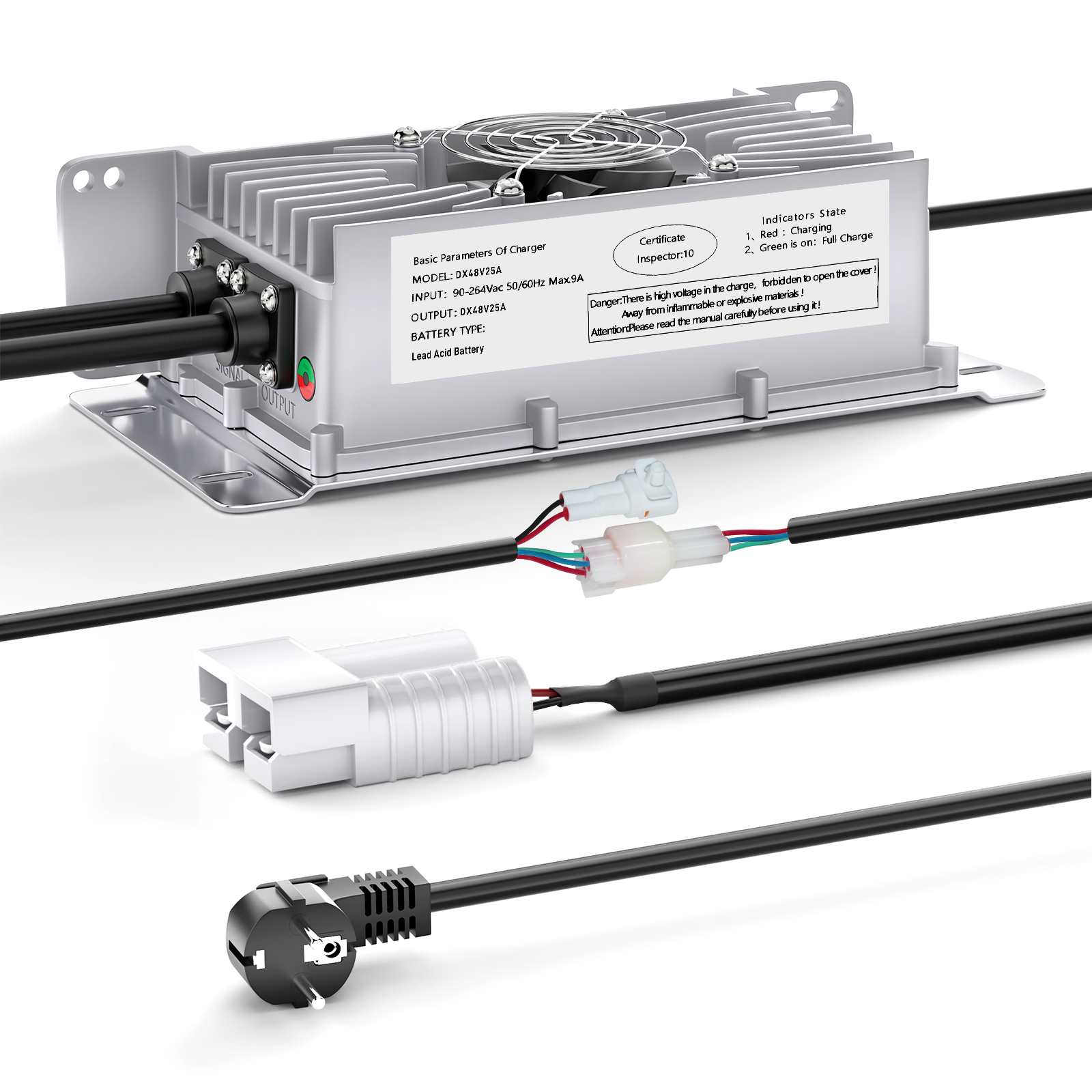 Caricabatterie per batterie al piombo Suraziki 48V 25A, impermeabile IP65, con cavo di bloccaggio per transpallet/lavasciuga pavimenti/golf cart/carrello elevatore