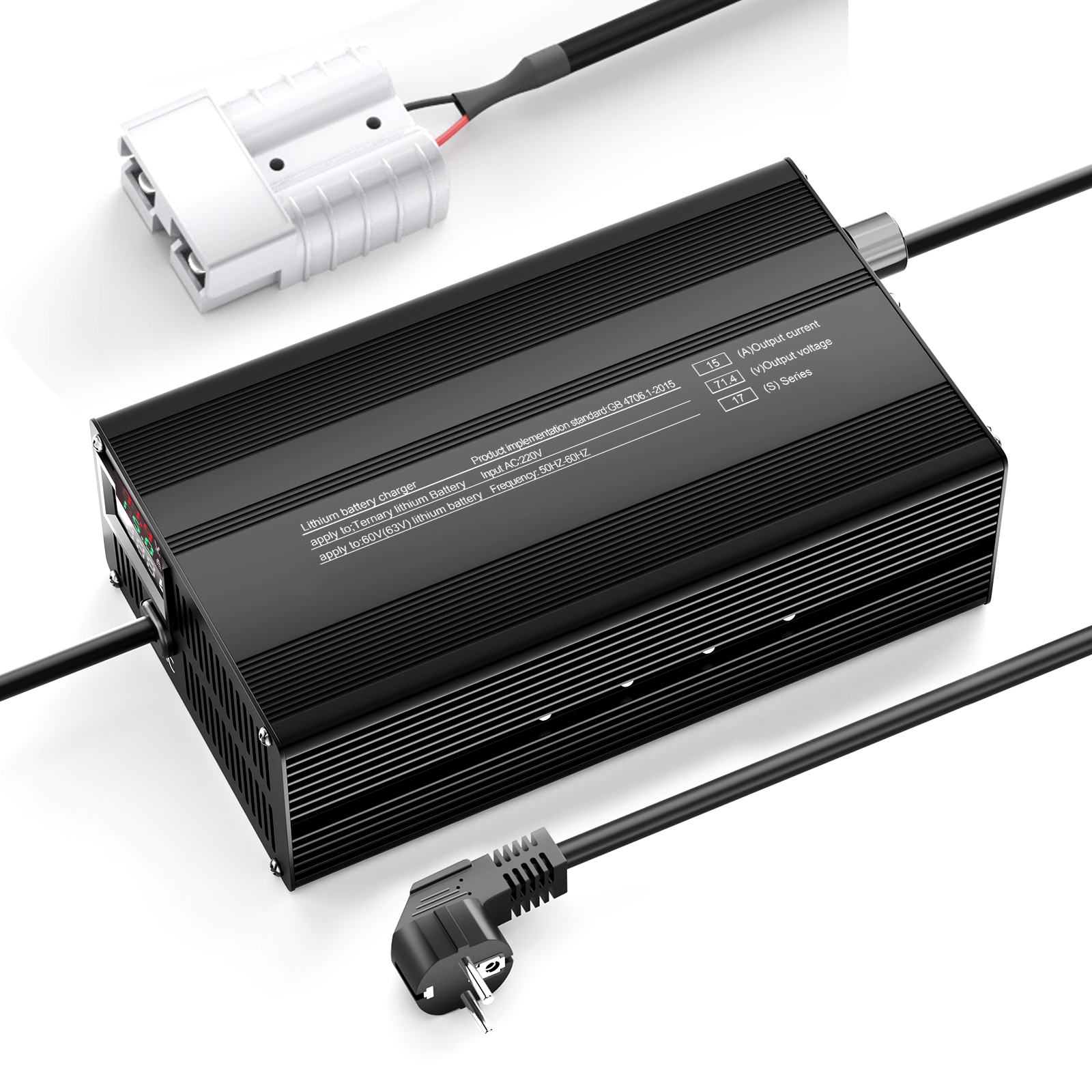 Caricabatterie per batterie al litio Suraziki 71,4 V 1-15 A con corrente regolabile per 17S Batterie agli ioni di litio/polimero ternario da 62,9 V, caricabatteria per scooter elettrico