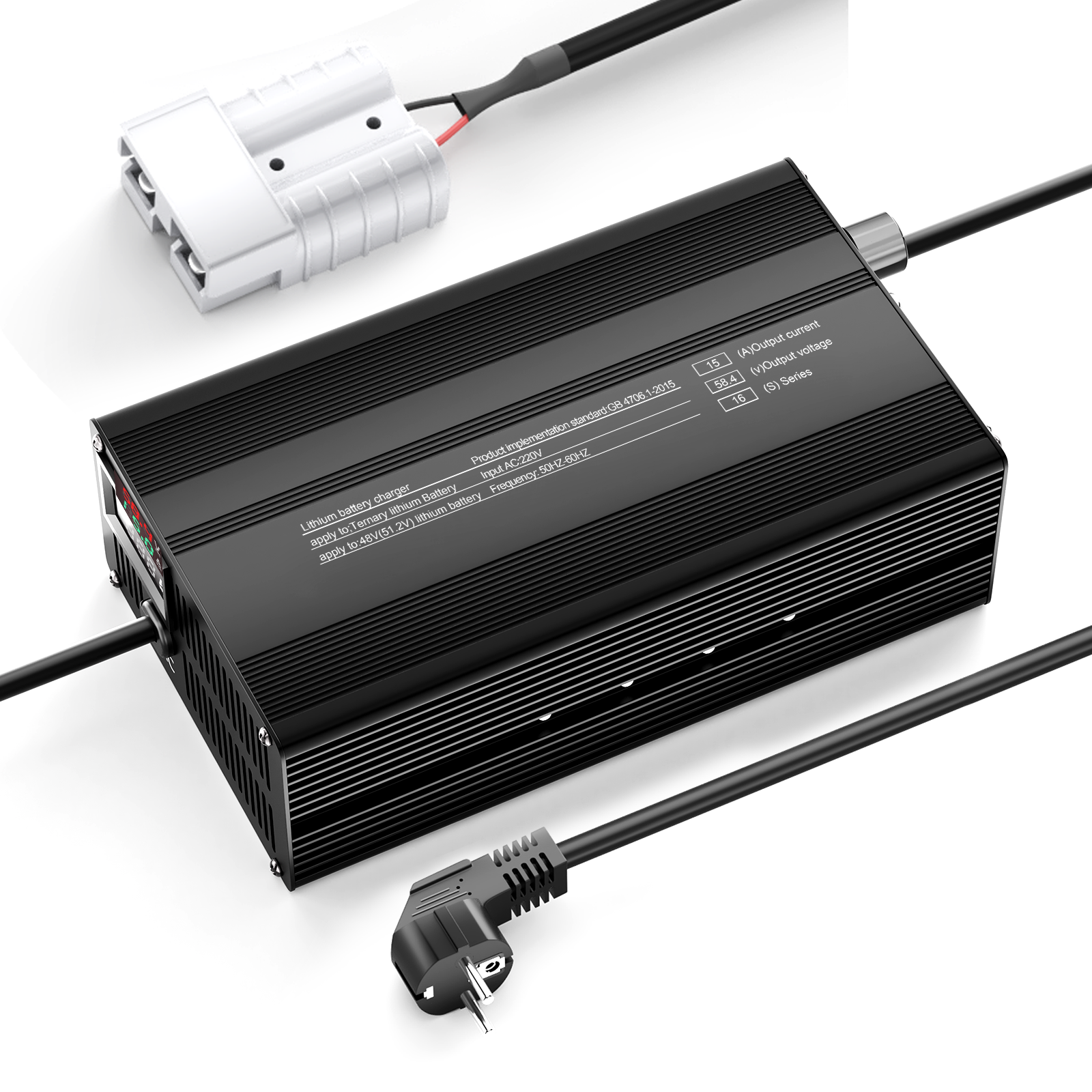 Caricabatterie per batterie al litio LiFePO4 Suraziki 58,4 V 1-15 A con corrente regolabile per 16S Batteria LiFePO4 da 51,2 V (48 V), ventola di raffreddamento, custodia in lega di alluminio, display LCD