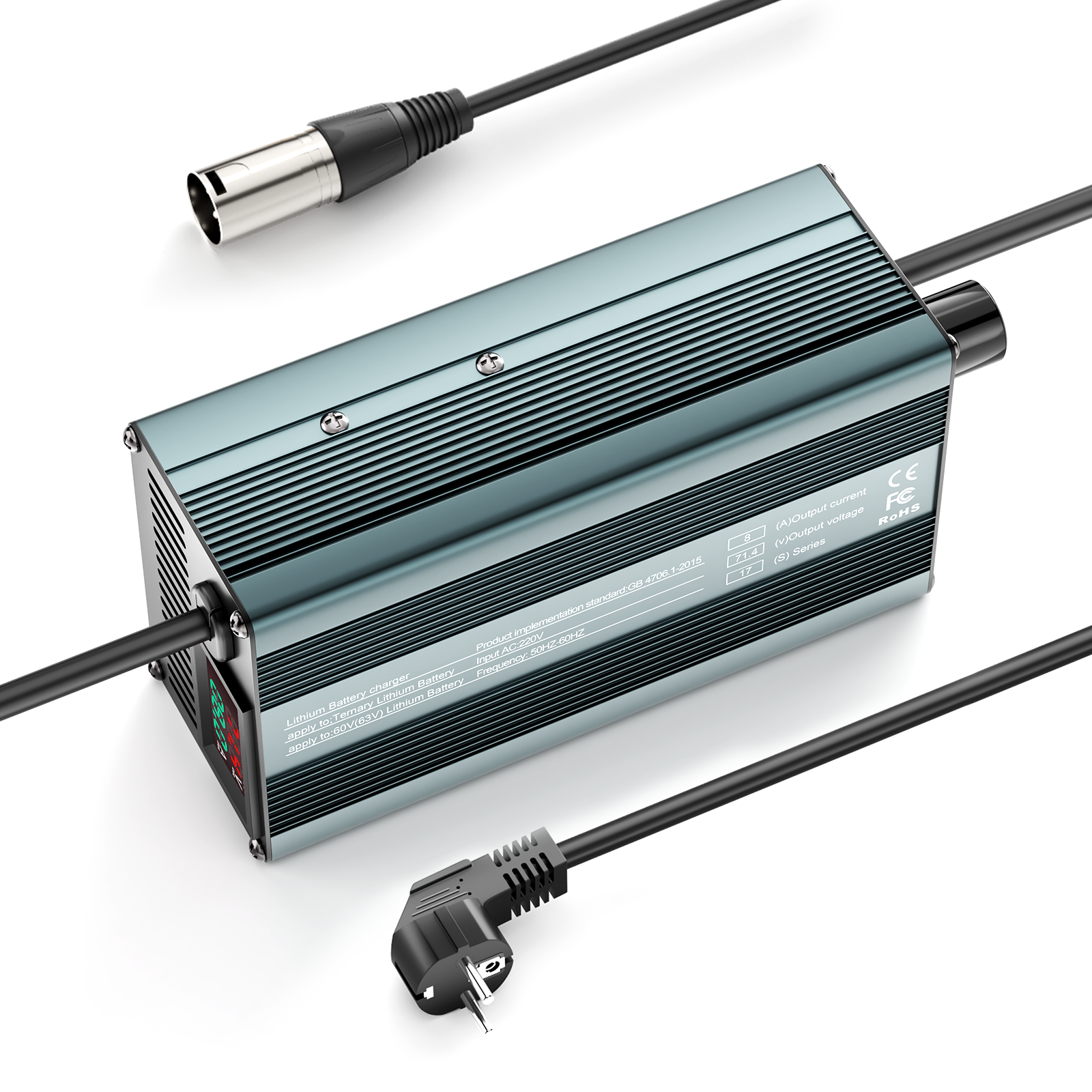 Suraziki 54,6 V 1-8 A stromverstellbares Lithium-Batterieladegerät für 13S 48 V Li-Ionen-/ternäre Lithium-/Polymer-Batterie, LCD-Display, Kühllüfter, Aluminiumgehäuse
