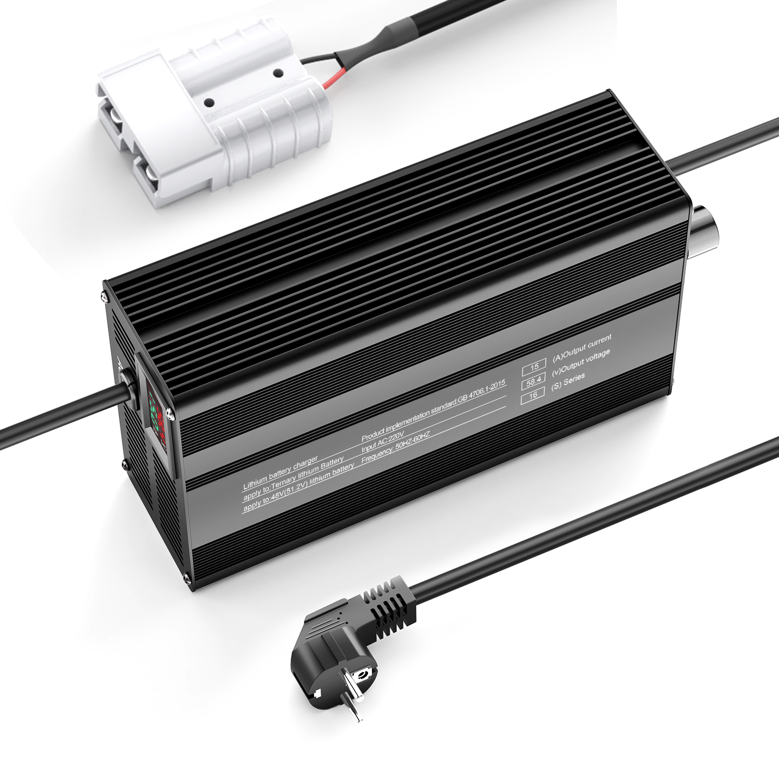 Caricabatterie per batterie al litio LiFePO4 Suraziki 58,4 V 1-15 A con corrente regolabile per 16S Batteria LiFePO4 da 51,2 V (48 V), ventola di raffreddamento, custodia in lega di alluminio, display LCD
