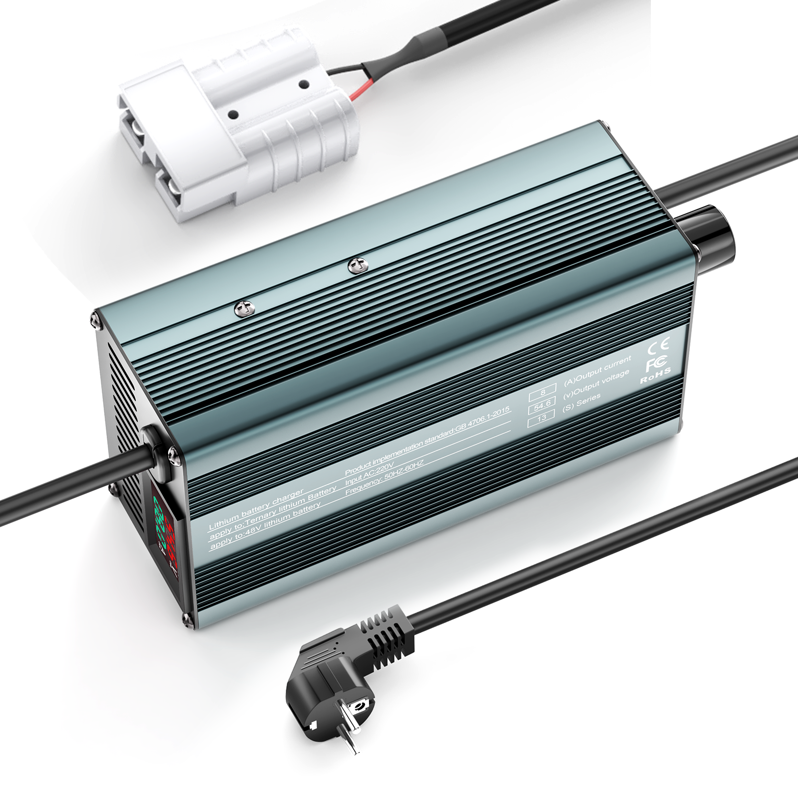 Suraziki 54,6 V 1-8 A stromverstellbares Lithium-Batterieladegerät für 13S 48 V Li-Ionen-/ternäre Lithium-/Polymer-Batterie, LCD-Display, Kühllüfter, Aluminiumgehäuse