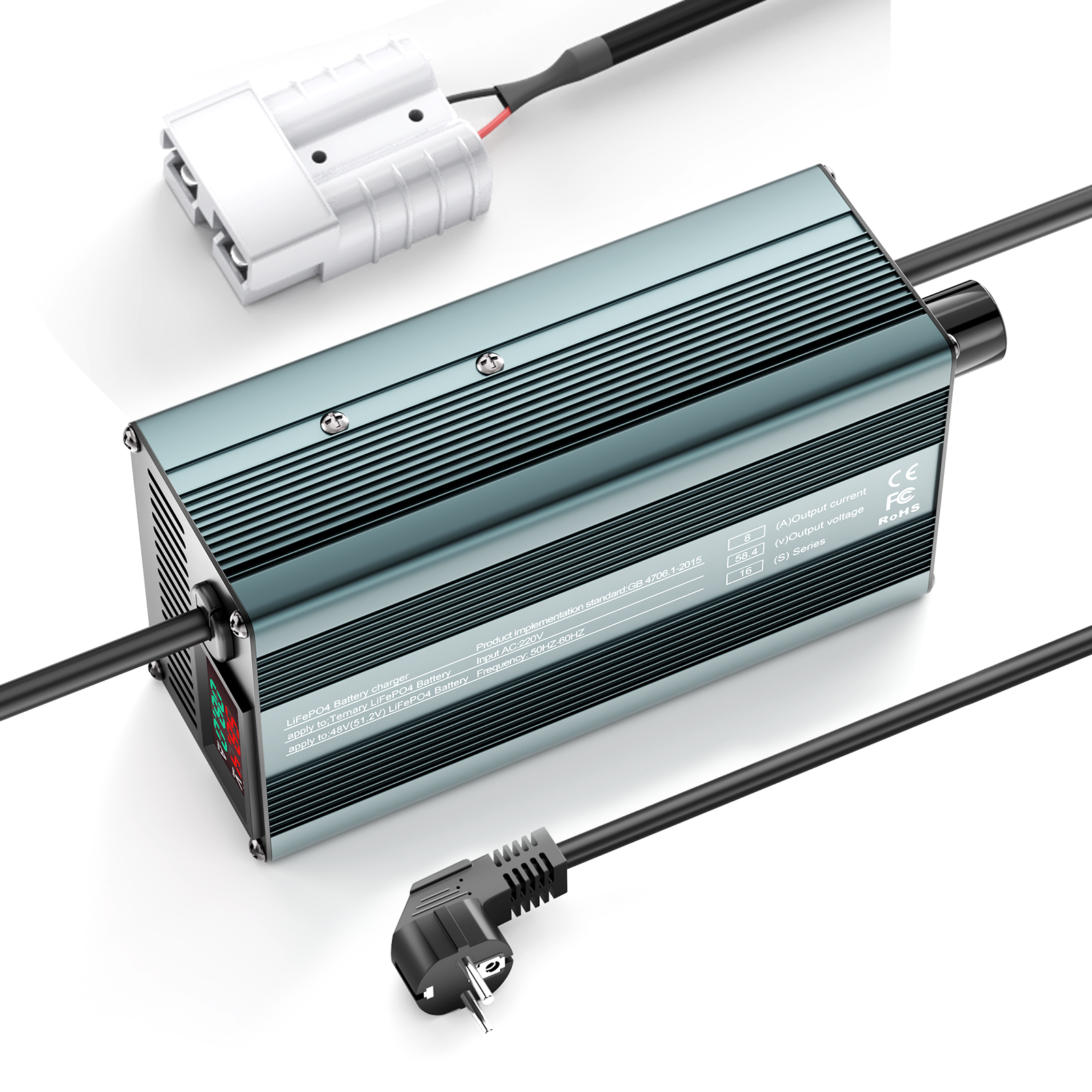 Caricabatterie per batterie al litio LiFePO4 Suraziki da 58,4 V, corrente regolabile da 1 a 8 A, per batterie LiFePO4 da 51,2 V (48 V), caricabatteria per motori da golf, camper e barche.