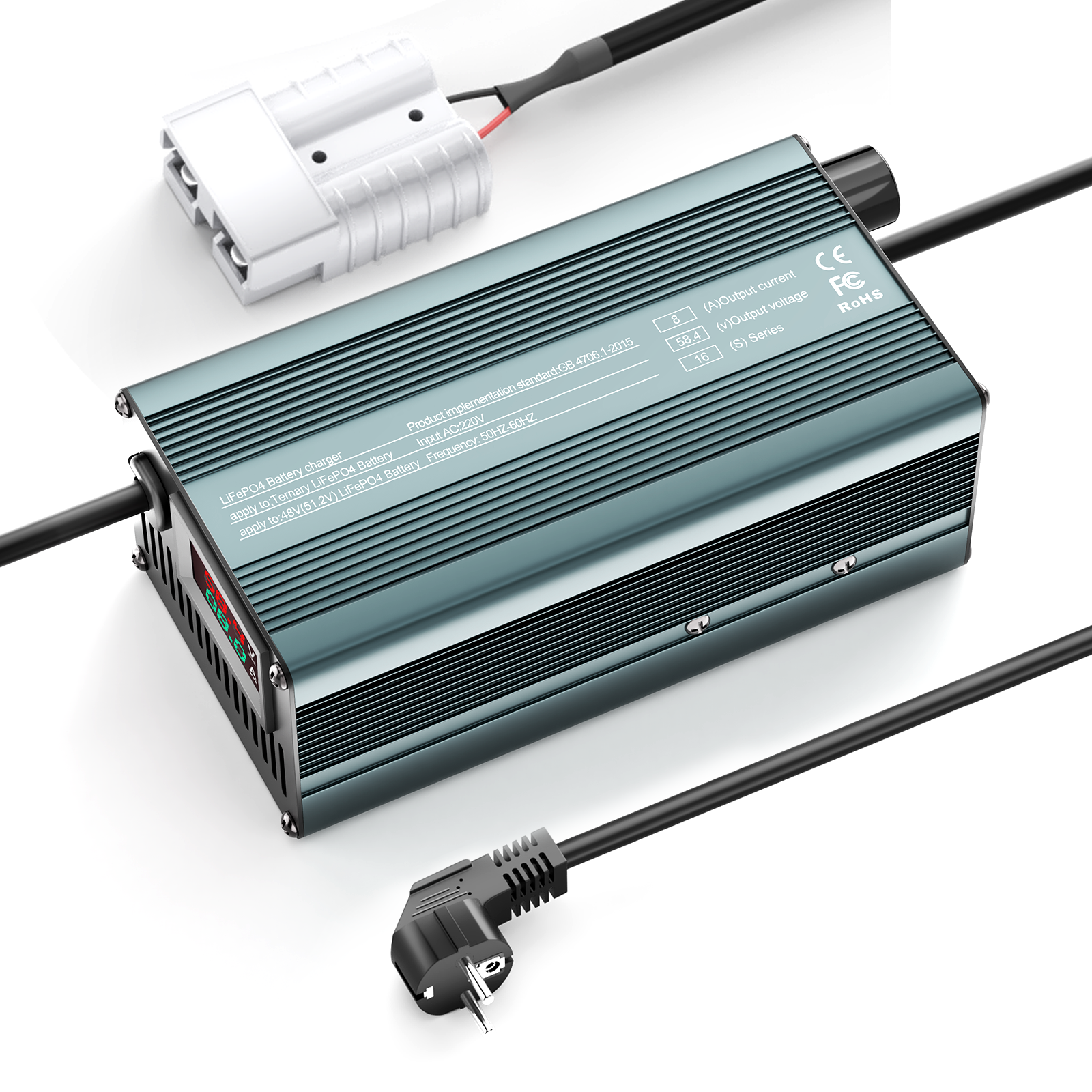 Caricabatterie per batterie al litio LiFePO4 Suraziki da 58,4 V, corrente regolabile da 1 a 8 A, per batterie LiFePO4 da 51,2 V (48 V), caricabatteria per motori da golf, camper e barche.