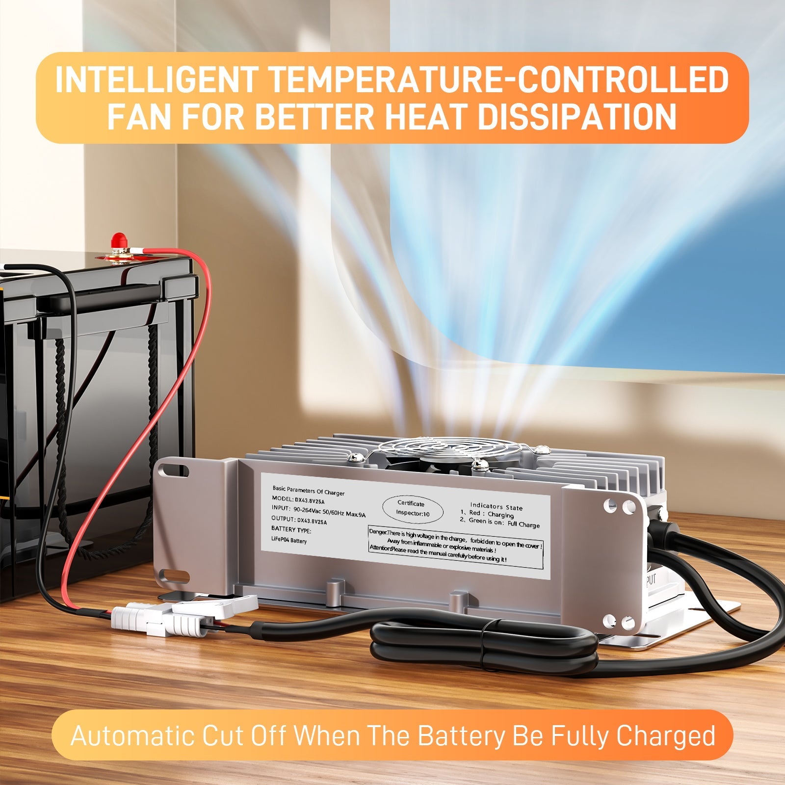 Caricabatterie Suraziki 36V 25A per batterie al litio Lifepo4, tensione di carica 43,8V per 36V (38,4V) 12S Batteria impermeabile, attivazione BMS 0V, con cavo di bloccaggio per veicoli elettrici, bici elettriche e golf cart