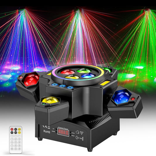 Luce da palco 120W 4 in 1 RGBW Luce a testa mobile Effetto fascio Luci Luce laser Faretto Luce per feste con telecomando per discoteca DJ Bar Festa di compleanno