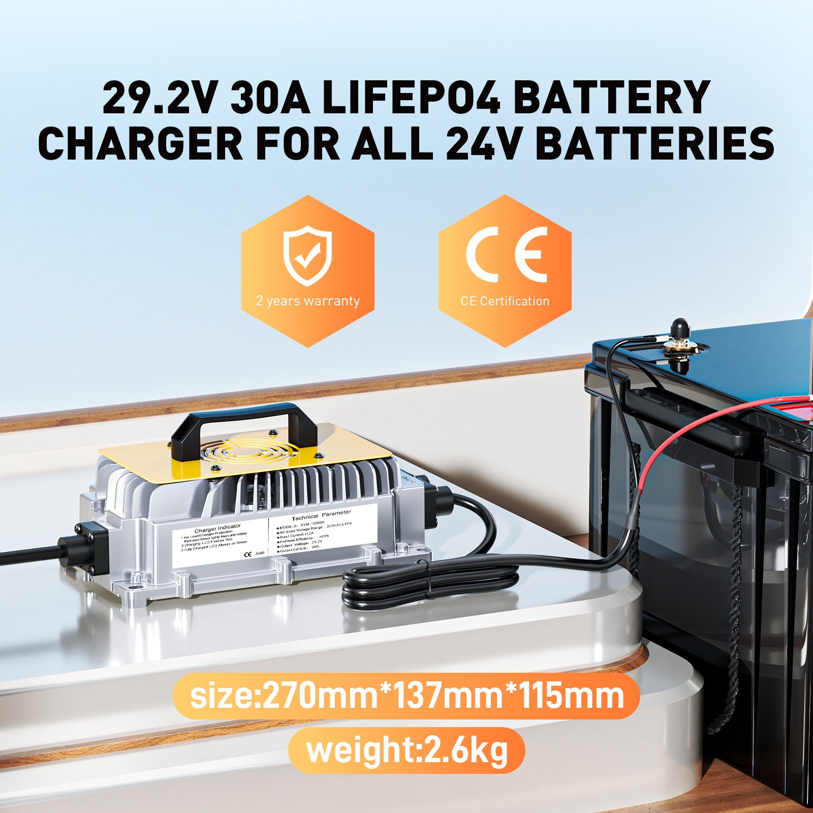29.2V 30A LiFePO4 Battery Charger for 25.6V(24V) Batteries, 0V BMS Activation, Waterproof Charger for Golf Carts, Boats, and RVs, with Full Protection
