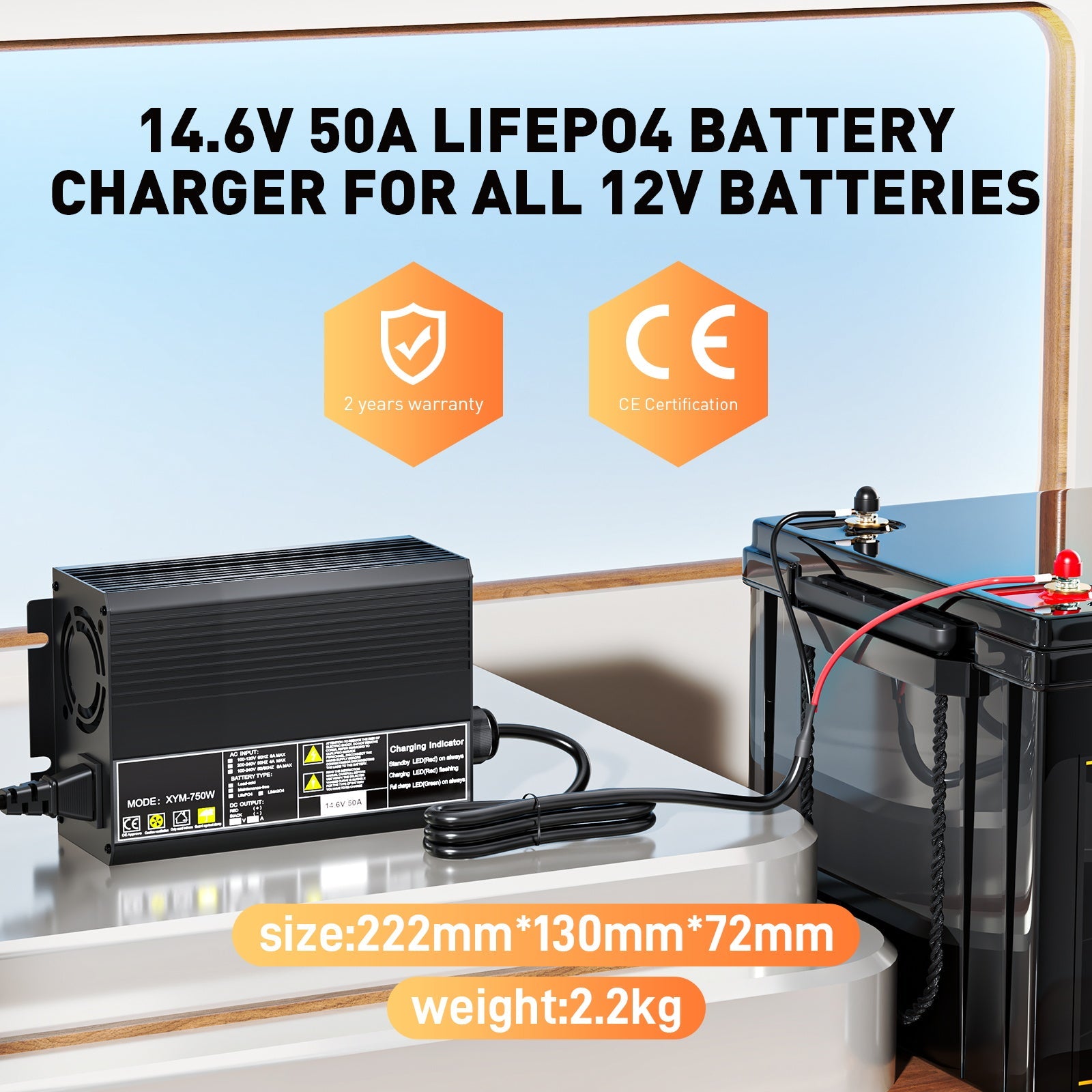 Caricabatterie rapido per batterie al litio LiFePO4 da 12 V e 50 A, tensione di carica 14,6 V, attivazione BMS 0 V, spegnimento automatico, caricabatteria solare per camper e barche