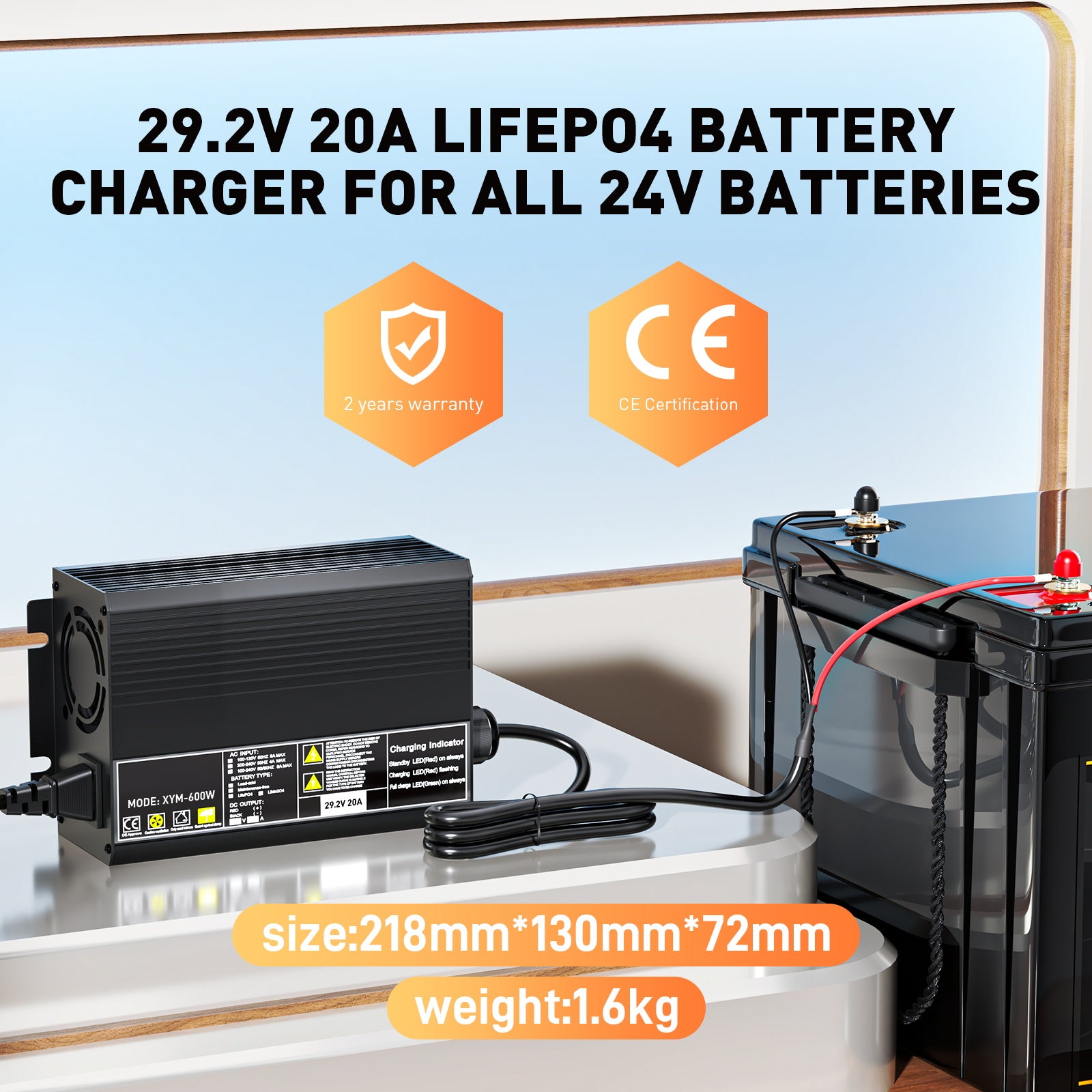29.2V 20A LiFePO4 Battery Charger for 25.6(24V) Batteries, 0V BMS Activation, Designed for Trolling Motors, Fishing & Camping