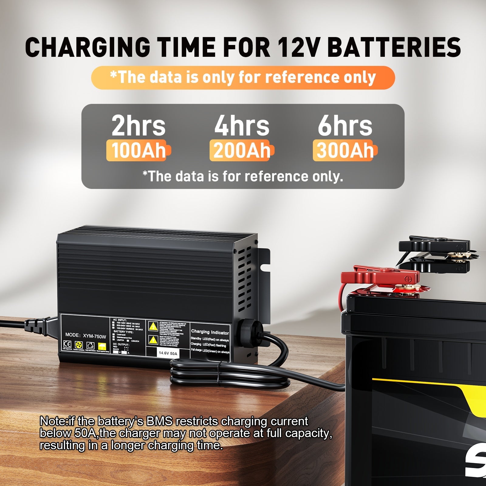 Caricabatterie rapido per batterie al litio LiFePO4 da 12 V e 50 A, tensione di carica 14,6 V, attivazione BMS 0 V, spegnimento automatico, caricabatteria solare per camper e barche