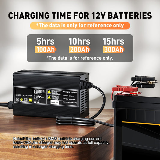 Caricabatterie per batterie LiFePO4 da 12 V e 20 A, tensione di carica 14,6 V, attivazione BMS 0 V, con connettore di ricarica rapida Anderson 50 A.