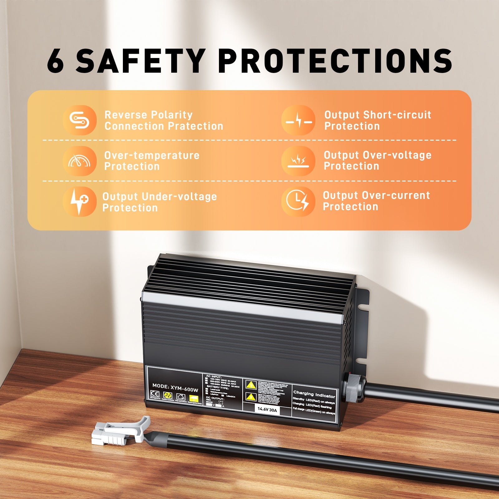 Caricabatterie LiFePO4 12V 30A, tensione di carica 14,6V, attivazione BMS 0V, spegnimento automatico, con connettore di ricarica rapida Anderson 50A