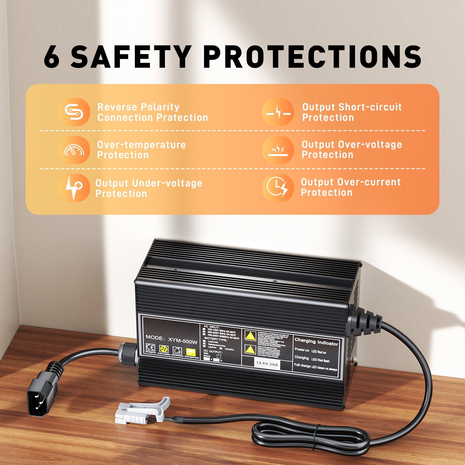 Caricabatterie per batterie LiFePO4 da 12 V e 20 A, tensione di carica 14,6 V, attivazione BMS 0 V, con connettore di ricarica rapida Anderson 50 A.
